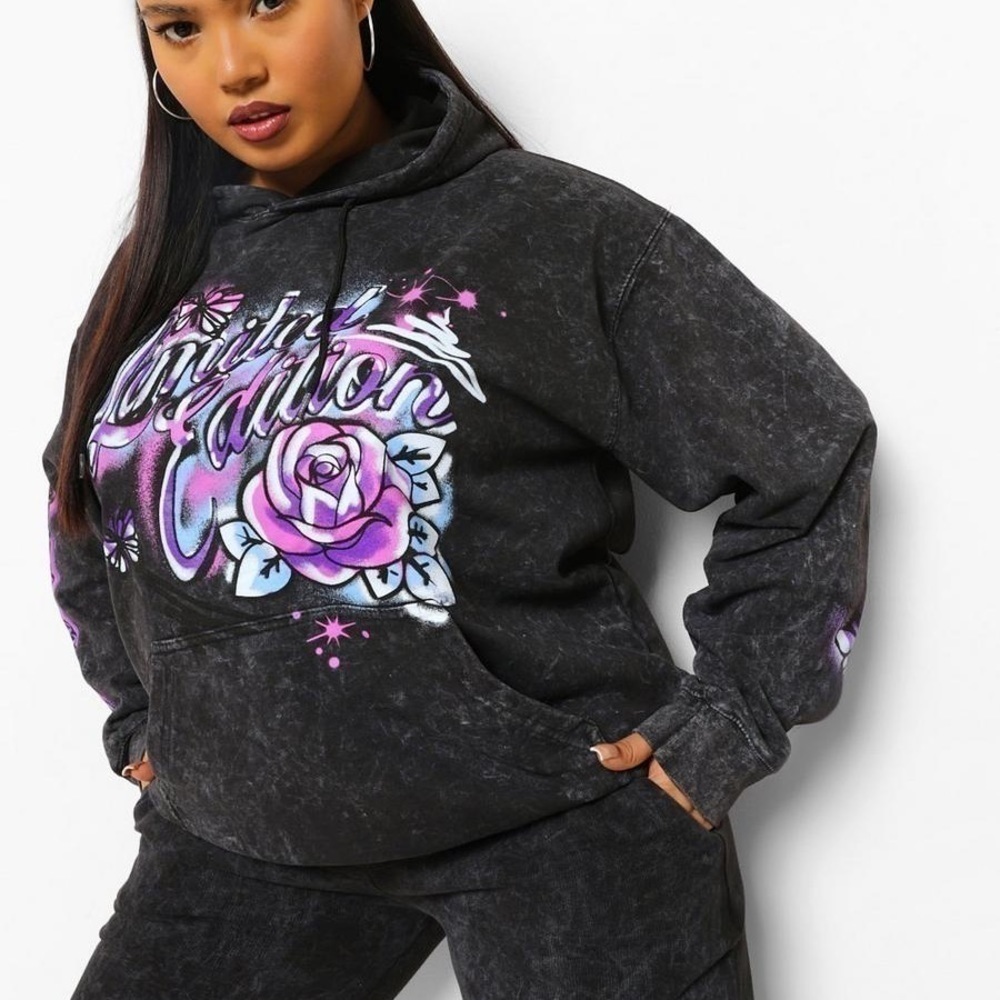 Boohoo Plus Floral Hoodie Acid Wash Graffiti Sweatshirt